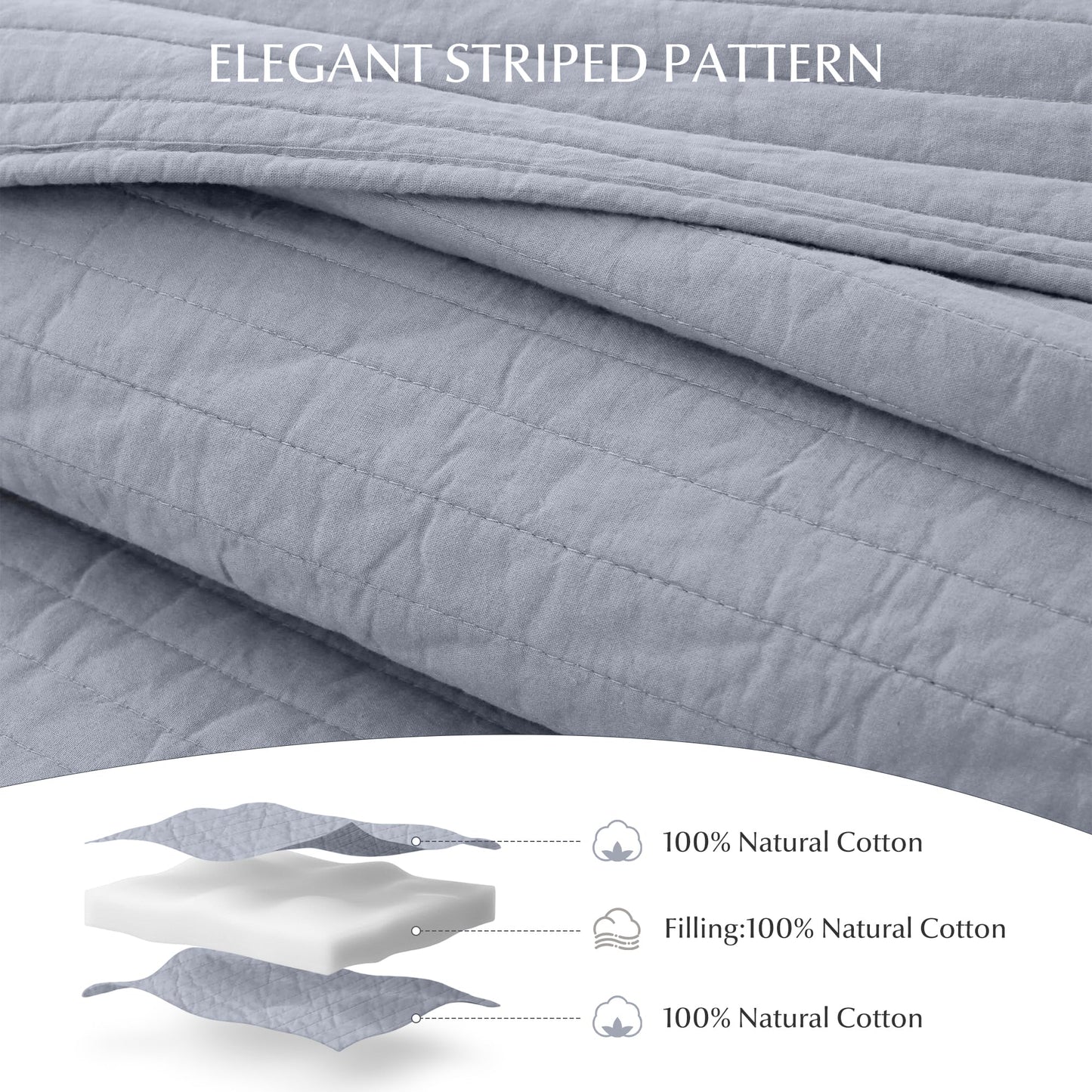 FDDX 100% Cotton Quilt Set California King Size - Soft Lightweight Stripe Bedding Set, Classic Comforter Set for All Season with 2 Shams, Oversized Bedspread Coverlet, 110x120 inches