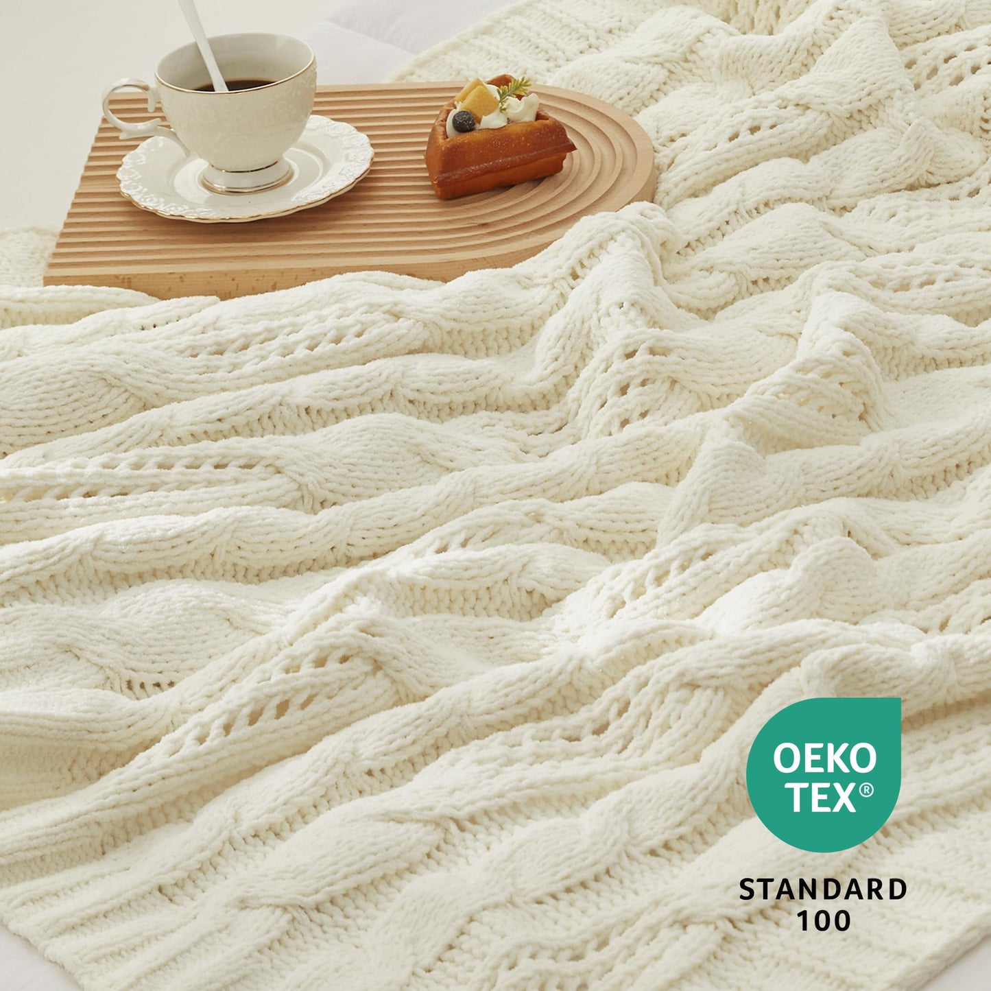 Amélie Home Chunky Knit Throw Blanket, Dual-Sided Soft Chenille Breathable Cable Knitted Blanket for Couch, Farmhouse Decorative Throw for Sofa & Chair, 50"x60", Ivory