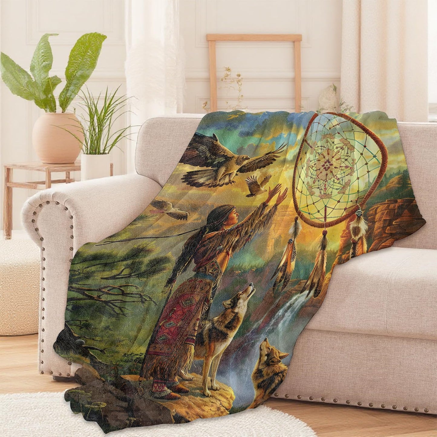 Native American Dreamcatcher Throw Blanket for Boys Girls Kids Adults Women, Fuzzy Warm Soft Cozy Flannel Blankets Gifts for Bedroom, Couch, Travel, Home Decor 50x60 in
