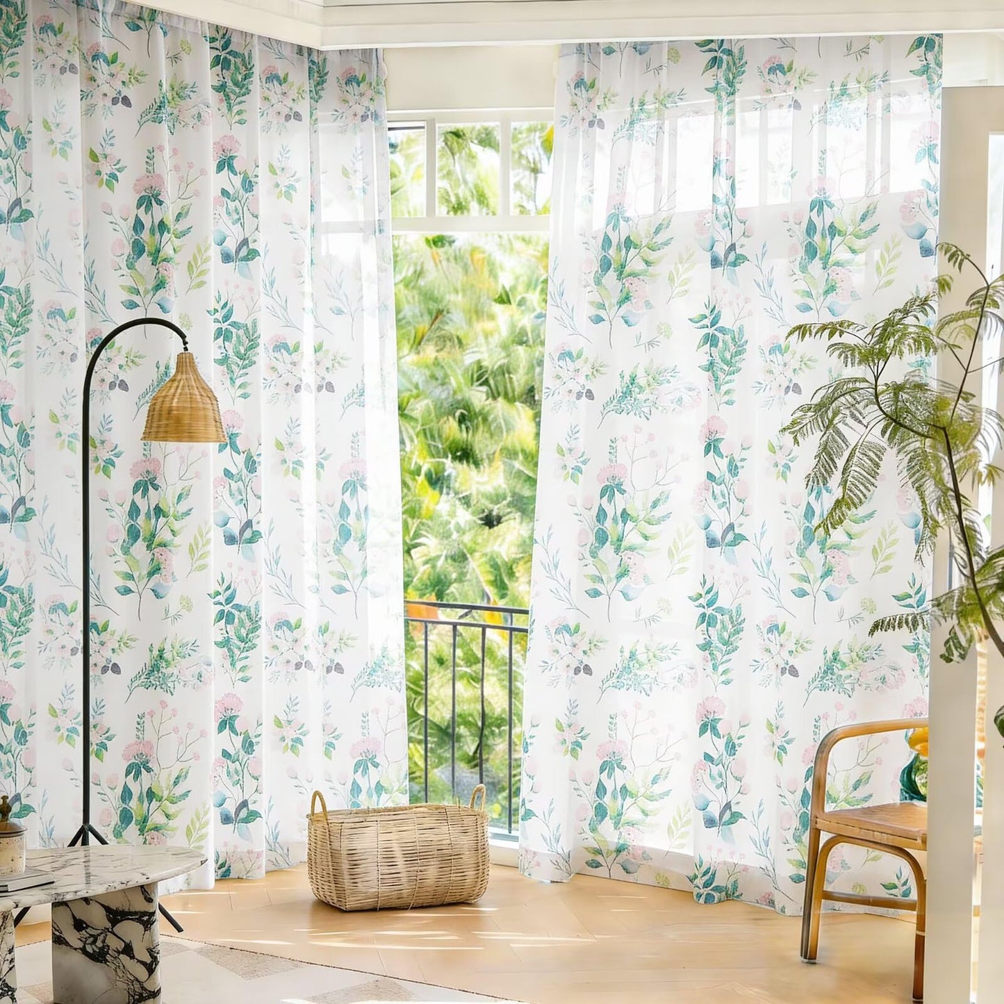 youleyar Floral Sheer Curtains for Living Room 84 Inches Long 2 Panels White Semi-Sheer Curtain with Pink Floral Printed Pattern Summer/Spring Rod Pocket Voile Drapes for Bedroom, 52" W x 84" L