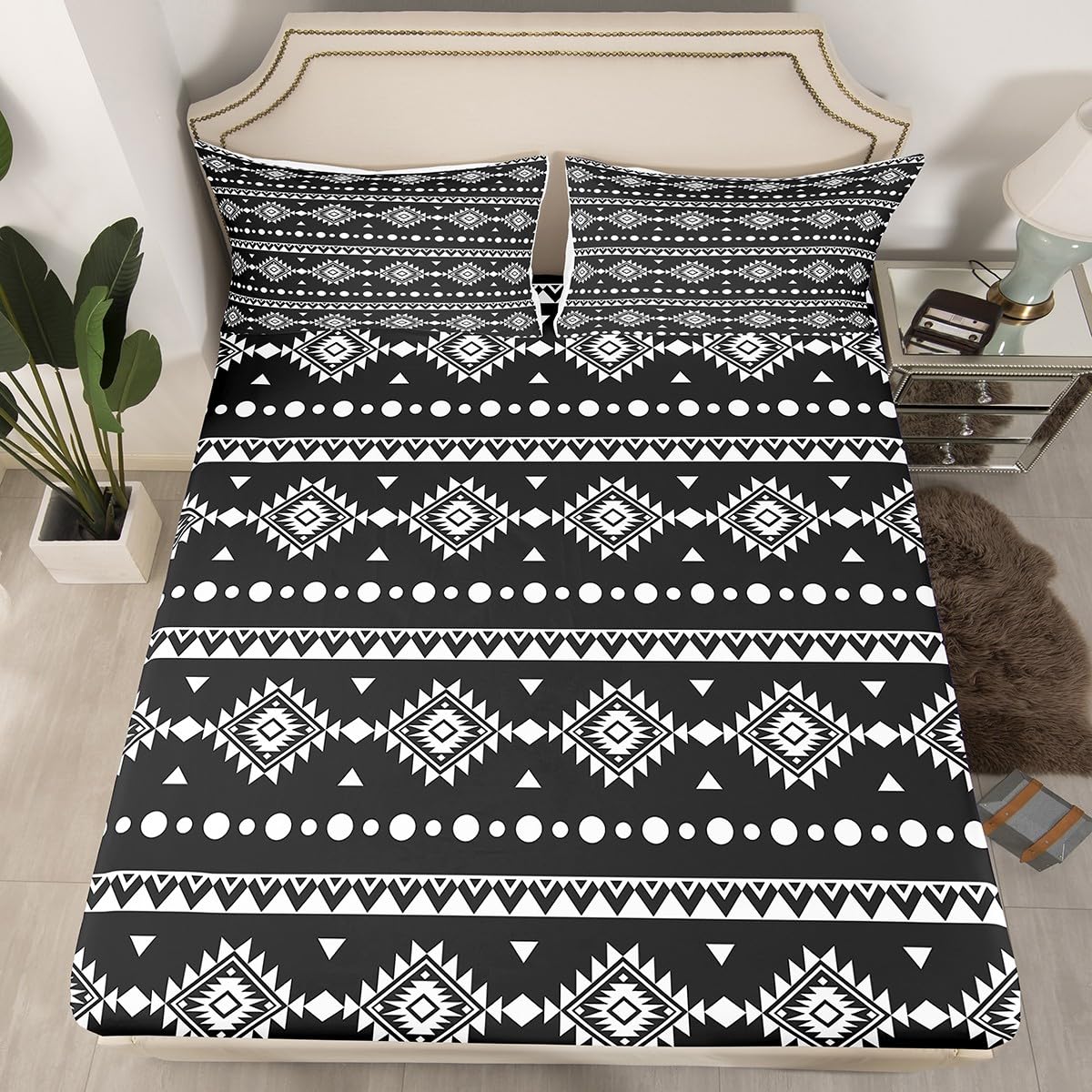 Erosebridal Full Size Bohemian Aztec Flat Fitted Sheet, Western Decor Bed Sheets Set for Girls Boys Women Men Bedroom, Southwestern Farmhouse Bedding Set, Geometric Exotic Tribal Bed Sets