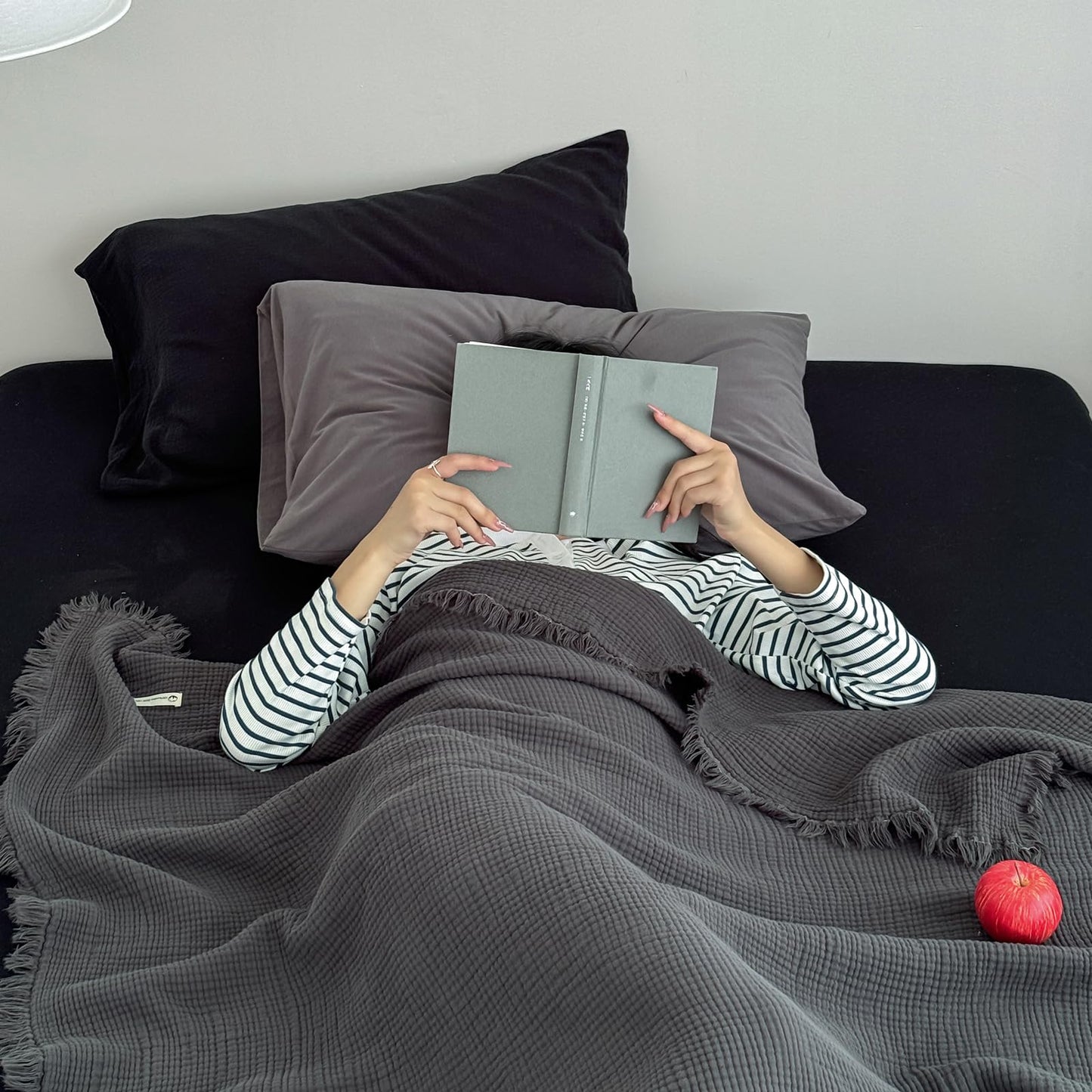 MorroMorn 100% Cotton Muslin Throw Blanket with Fringes 50"x60", 4-Layer Cotton Gauze Blankets for Adults, Boho Bedding Breathable Lightweight Ultra-Soft for Couch Bed Sofa All Seasons, Dark Grey