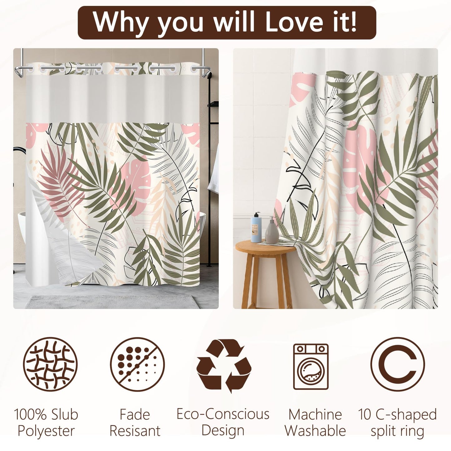 NAEMBCU No Hook Tropical Leaf Shower Curtain and Liner Set, 71 x 74 Inch