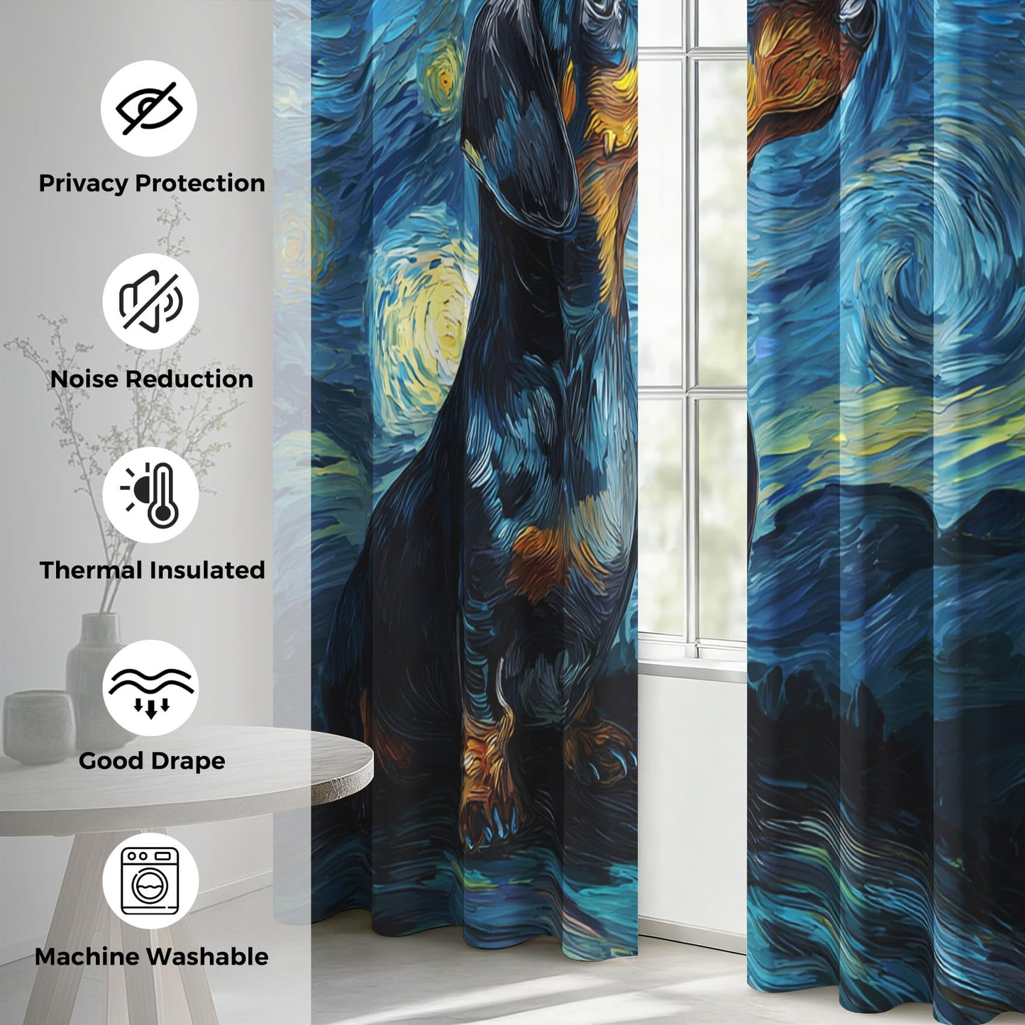 95% Blackout Starry Night Curtains - Oil Painting Dachshund Curtains for Bedroom Living Room Decor, Sausage Dog Home Decor, Thermal Grommet Black Out Drapes 84 Inches Long 2 Panel Set X59