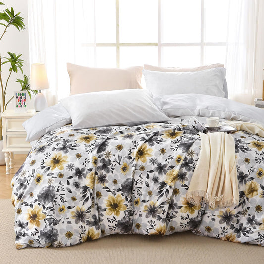 MUXHOMO Duvet Cover Queen Size, Reversible Floral Vintage Duvet Cover Set with Zipper Closure, 3 Pieces Botanical Patterns Soft Microfiber Bedding Set (90"x90", 2 Pillow Cases, Yellow Grey Flower)
