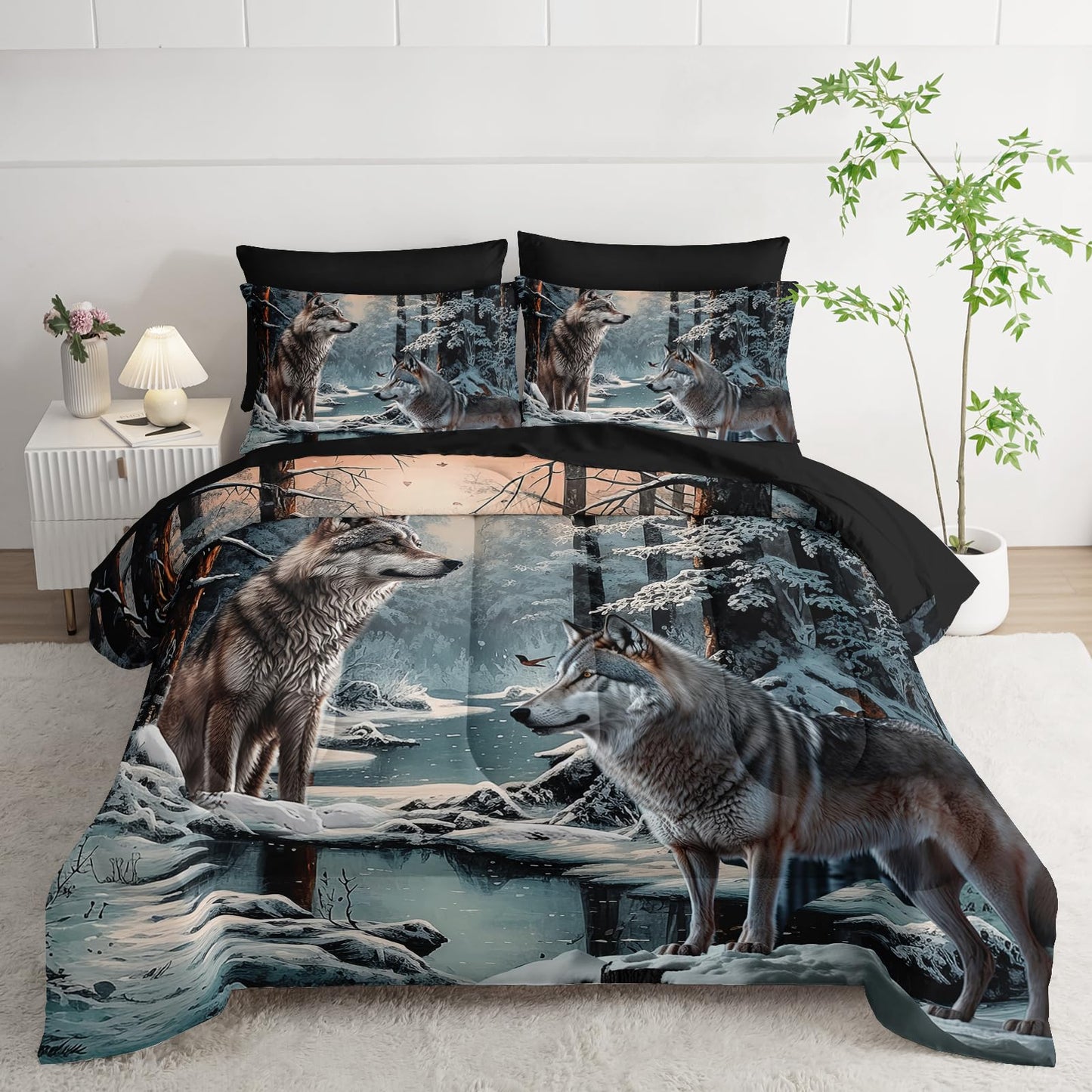 AILONEN Snow Wolf Comforter Set - 7Pcs Soft Kids Boys Bed in a Bag - Queen Size Comforter,Fitted Sheet,Flat Sheet,2 Pillowcases,2 Pillow Shams - Winter Wildlife Room Decor