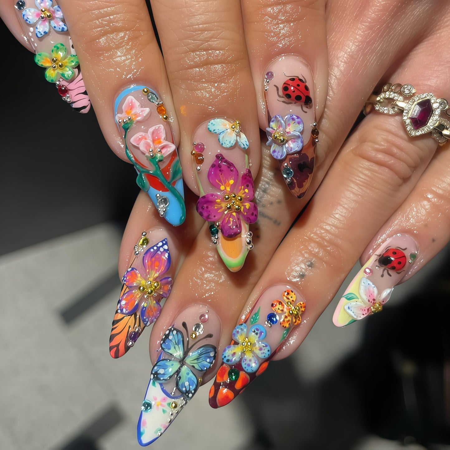 Handmade Acrylic Press On Nails Butterfly Cute Summer | Almond Nails Hand Painted 3D Floral | Reusable Vacation Style | Luxury Gift for Women (Medium Almond & Size M) Headeer