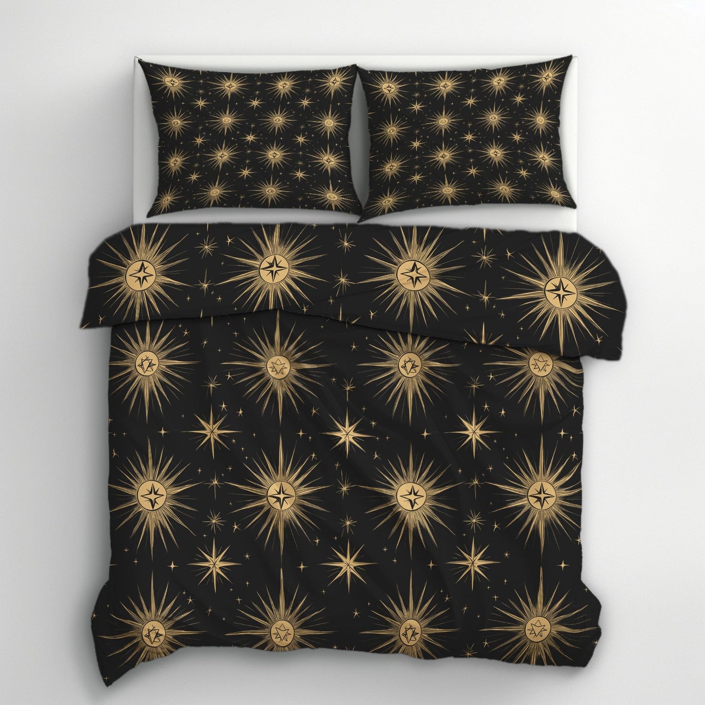 zcwl Atomic Duvet Cover Queen Size | Mid Century Modern Bedding Set | 3 Piece | Soft Microfiber Patterned Comforter Cover with Zipper Ties & 2 Pillowcases | Black Gold Retro Bedroom Decor