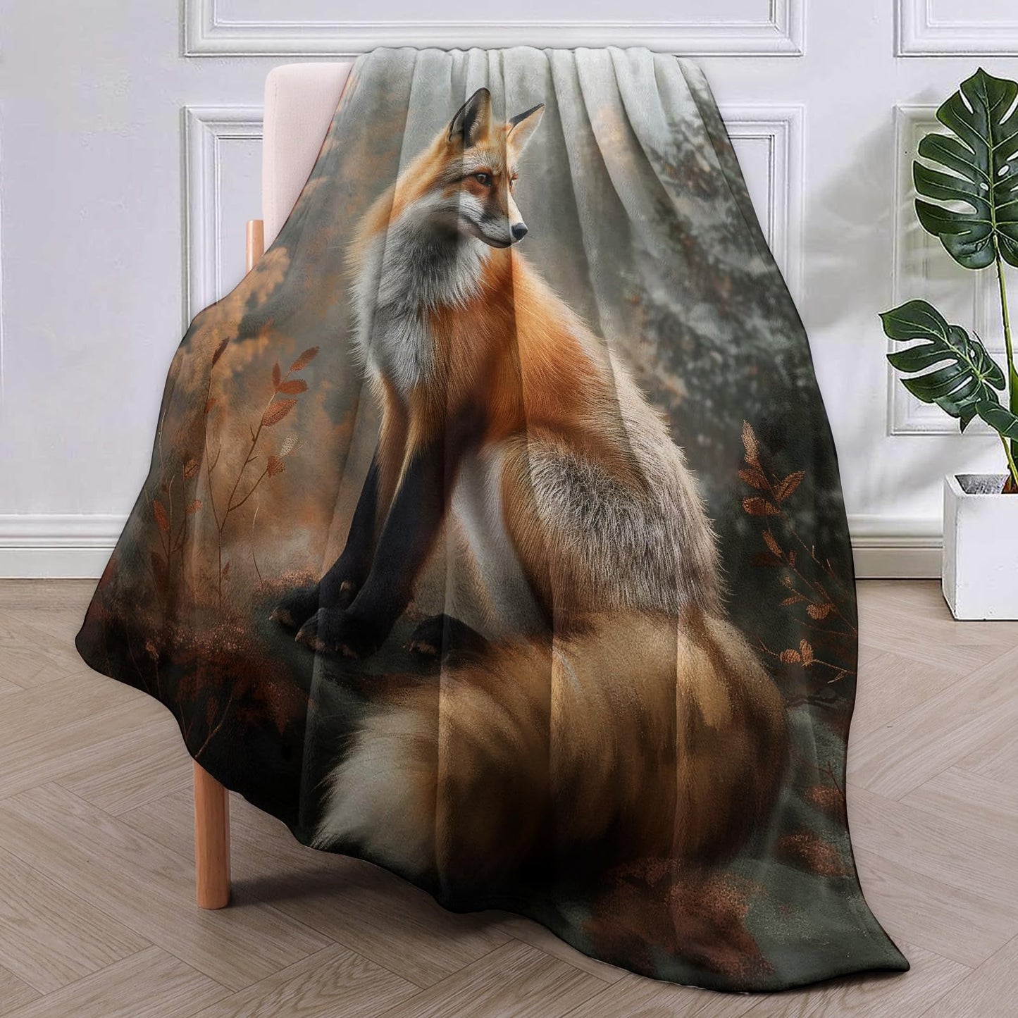 VANZEV Autumn Fox Blanket, 50"x60" Woodland Fox Flannel Fleece Throw for Kids & Adults, Ultra-Soft and Warm Home Decor Blanket, Fox Gifts