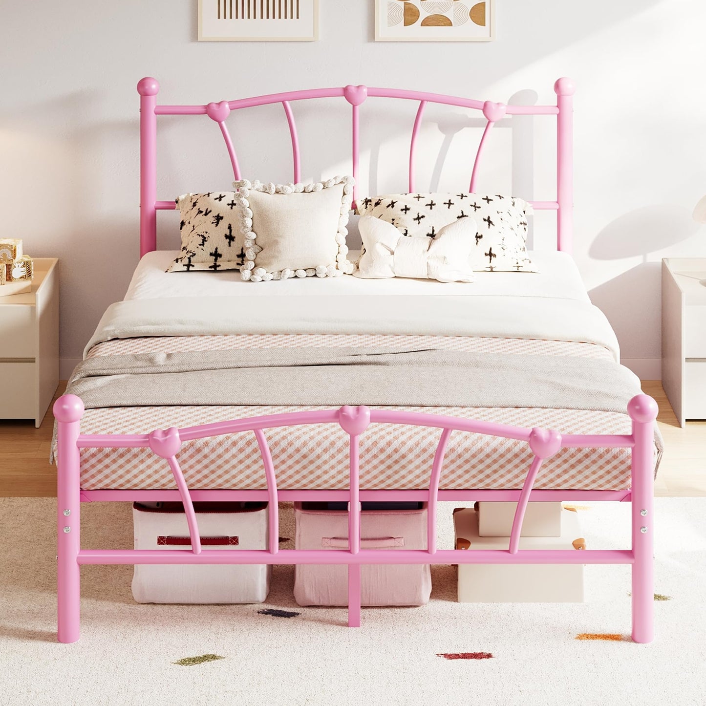 IDEALHOUSE Full Bed Frame for Kids, Full Size Bed with Headboard and Footboard, Heart Shaped Platform Bed Frame, Heavy Metal Slat Support, Noiseless, No Box Spring Needed, Pink