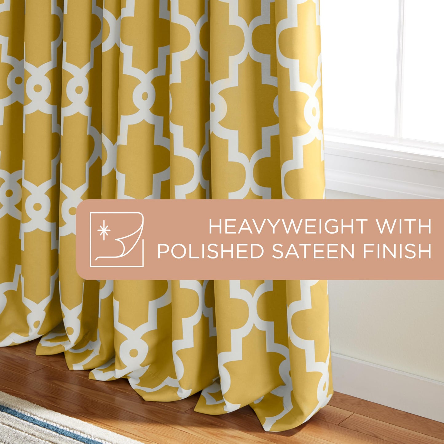 TOWN & COUNTRY EVERYDAY Ironwork Geo Trellis Sateen Indoor Curtains, Room Darkening Blackout, Grommet Top, Energy Efficient, 2-Pack Set, 52"x84", Sundress Yellow