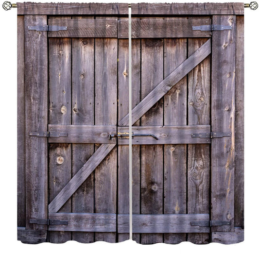 Grey Brown Wooden Barn Door Curtain, Rustic Retro Vintage Farmhouse Metal Handle Print Decor Rod Pocket Window Drapes, for Living Room Bedroom 42" W X 45" L