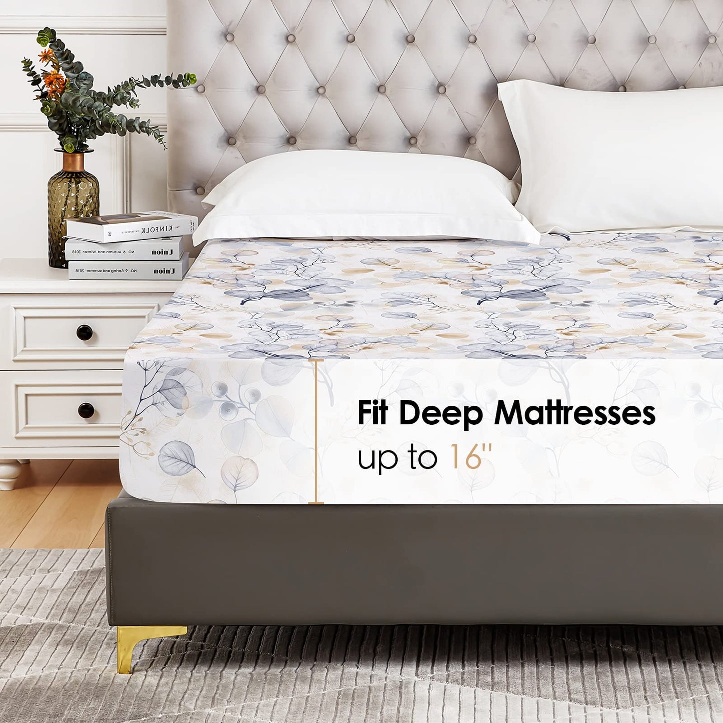 YIYEA Floral Fitted Sheet Only, Premium Double Brushed Microfiber Deep Pocket Fitted Sheet Queen Size, Ultra Soft Fitted Bottom Sheet, Shrinkage, Fade Resistant, Queen