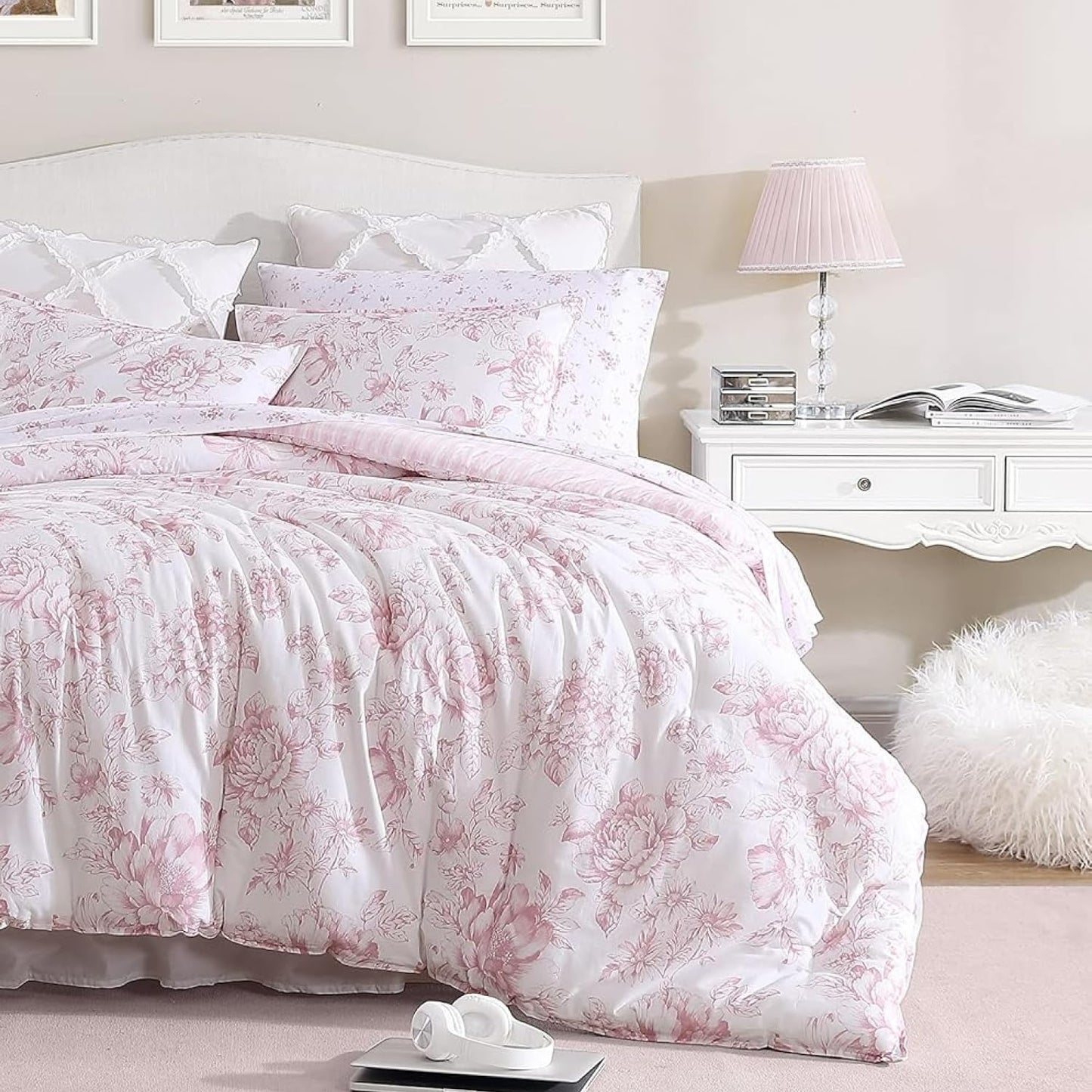 Laura Ashley – Queen Comforter Set, Soft Bedding with Matching Shams, Reversible Floral Room Decor, College Dorm Room Essentials (Delphine Pink)