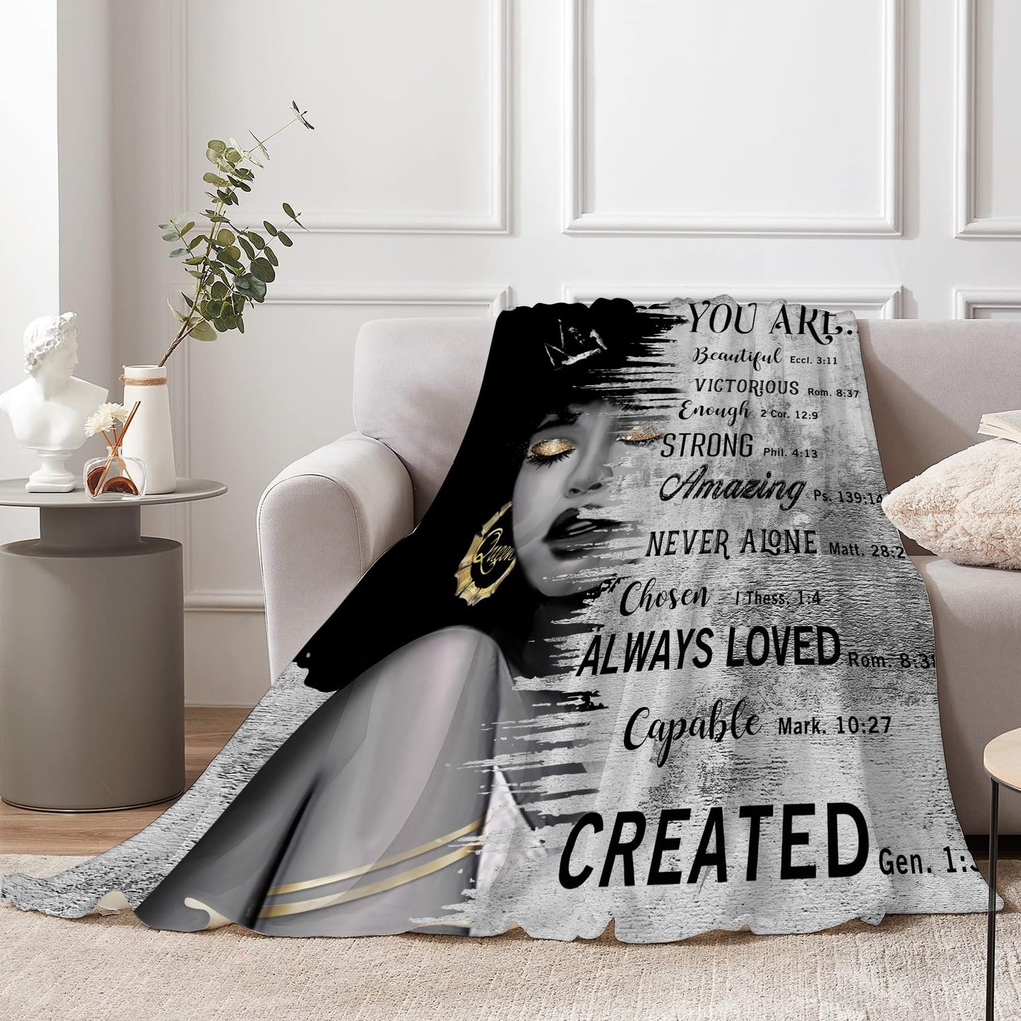 Miyotaa African American Black Girl Woman Flannel Blanket 50Wx60H Inch Quotes Inspirational Motivational Bible Soft Warm Fuzzy Throw Blanket for Sofa Bed Throws Birthday Presents