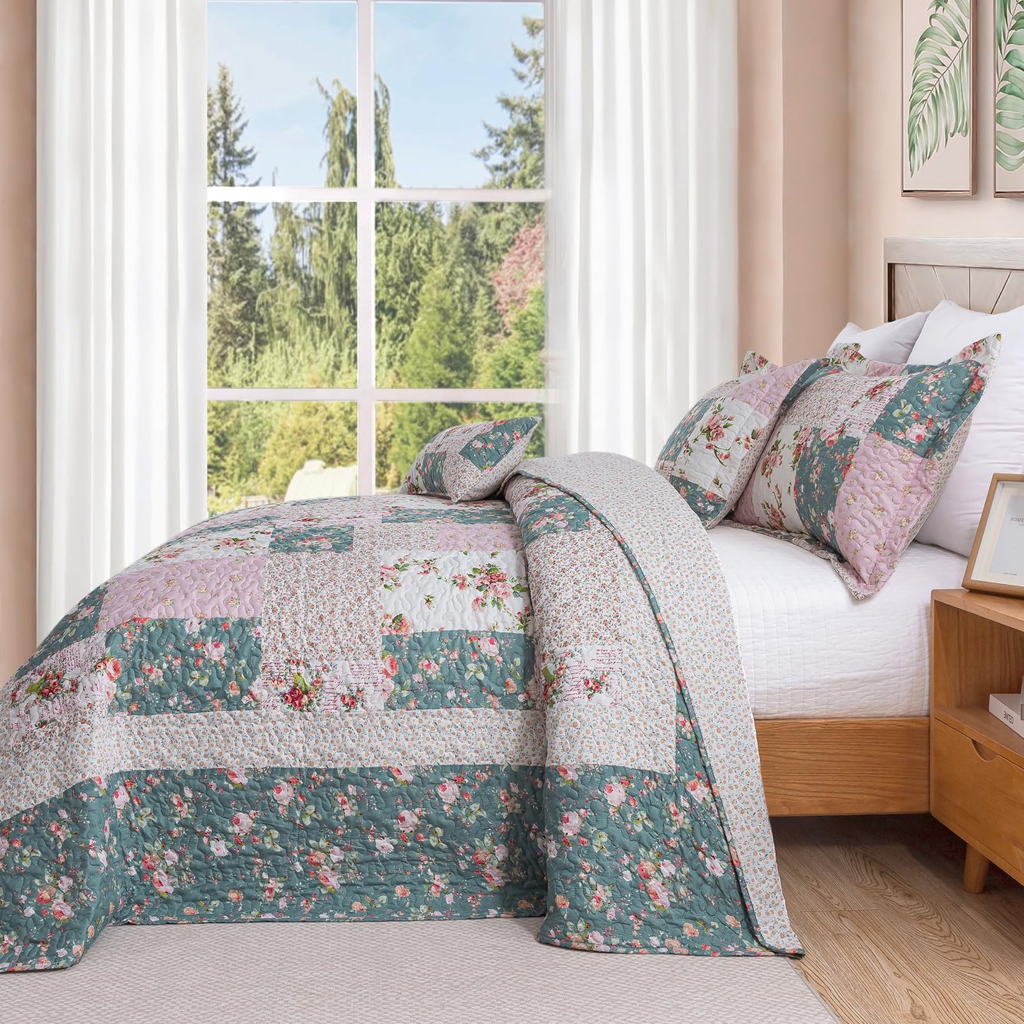 BEDIFANY French Style Queen Size Quilt Set for Farmhouse - 3 Pieces Cotton Filling Garden Lightweight Bedspreads Queen with Floral Pattern - All Season Quilt Bedding Sets for Decorations