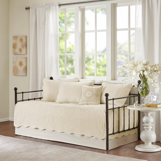 Madison Park Daybed Cover Set Damask Quilted Cover for Daybeds, All Season, Pre-washed Cotton-Filled Coastal Bedding with Scallop Edge, Shams, Bedskirt, Décor Pillows, Tuscany, Cream, 39"x75", 6 Piece