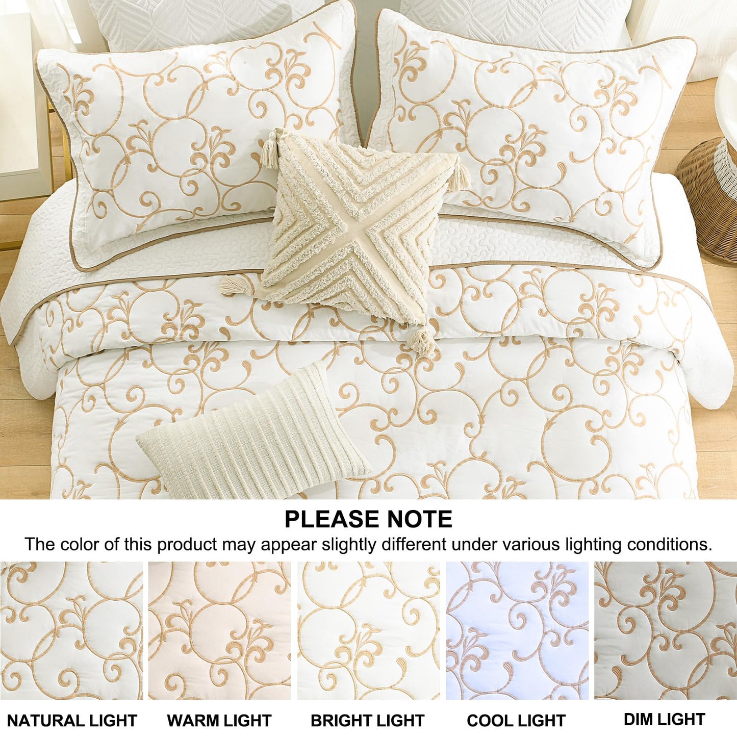 FineStichery 100% Cotton Oversized Bedspread Quilt Coverlet Set, 120"x120" Extra Large King Bedspreads with Pillow Shams, Lightweight Embroidered Bedding Cover 3 Piece, Beige/White