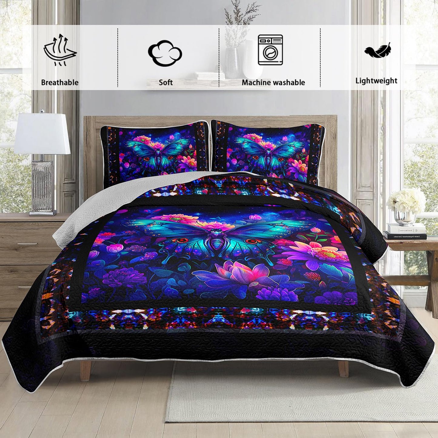 UEVBF Fascinating Butterfly King Size Quilt Set,Dark Blue Floral Pattern Bedding Sets 3 Pieces with 2 Pillowcases,Lightweight Soft Boho Bedding for All Season.