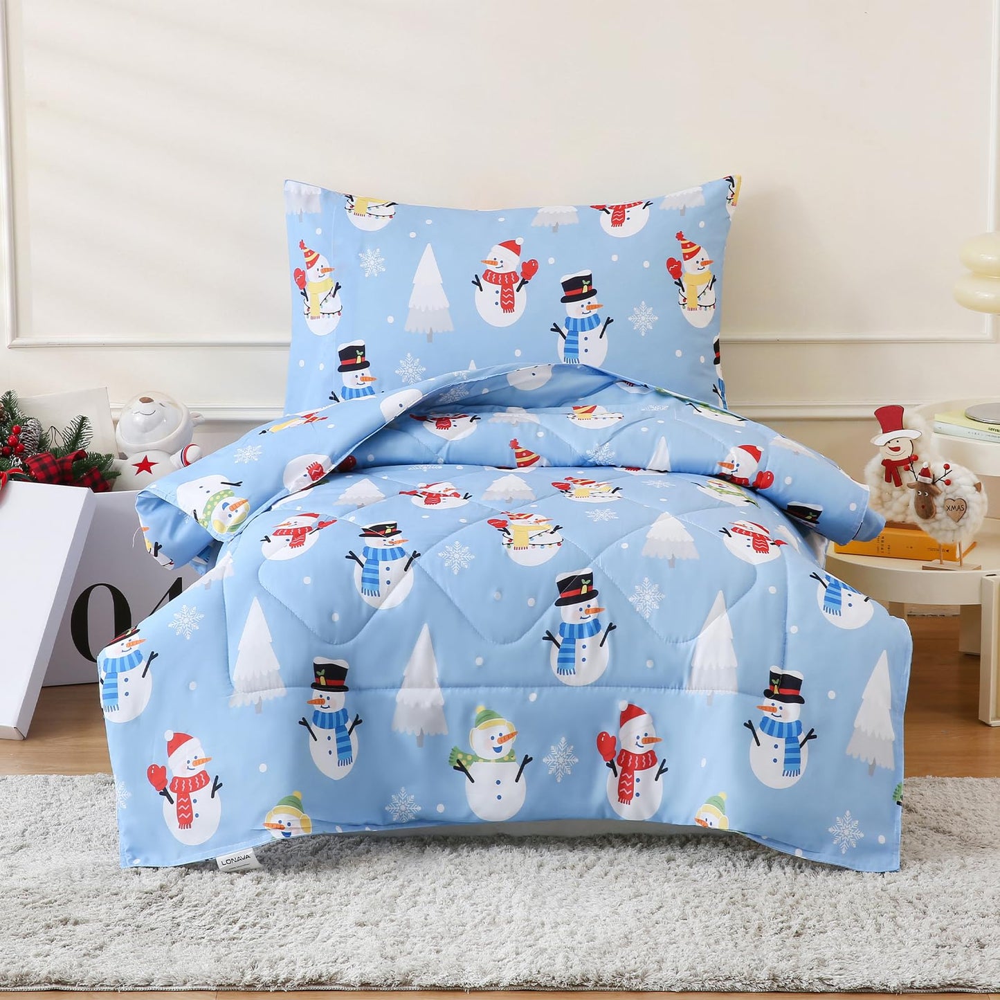 LONAVA Winter Toddler Kids Comforter Set - 4 Pieces Toddler Bedding Sets for Boys Girls Children, Ultra Soft Microfiber Bed in A Bag with Flat Fitted Sheets, Snowman