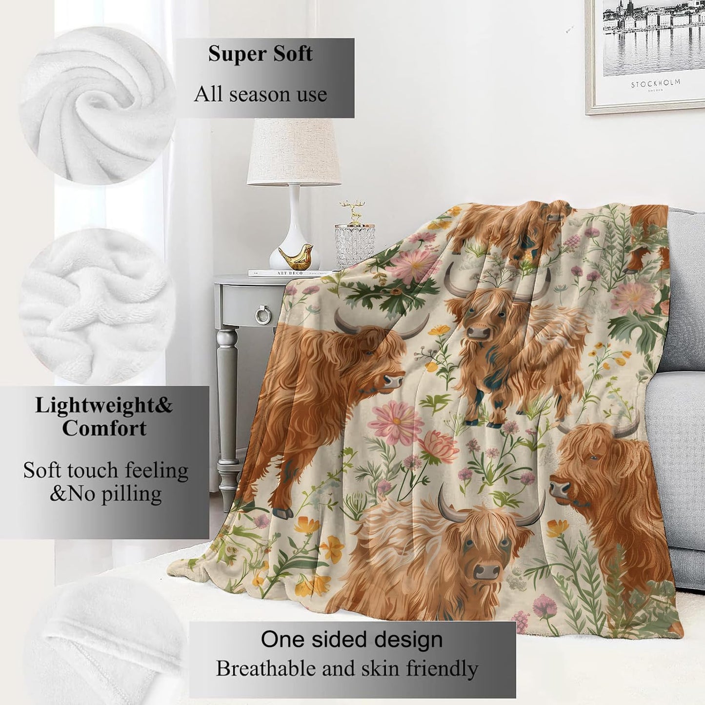 VODRM Cute Highland Cow Blanket Adorable Cows Throw Blankets with Wildflower,Birthday Gifts for Kids Adult Women & Animal Lovers,Lightweight Soft Fleece,for Sofa Couch Bed Room Rustic Decor 50x60in