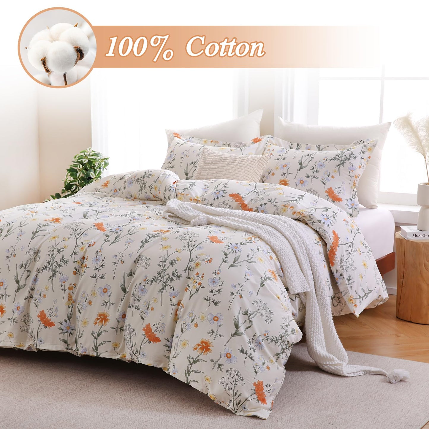 Ocharo Spring Floral 100% Cotton Duvet Cover King Size,Reversible Bedding Set with Yellow White Flowers,Soft Garden and Farmhouse Theme Duvet Bed Cover with 2 Pillow Cases(20"x36")