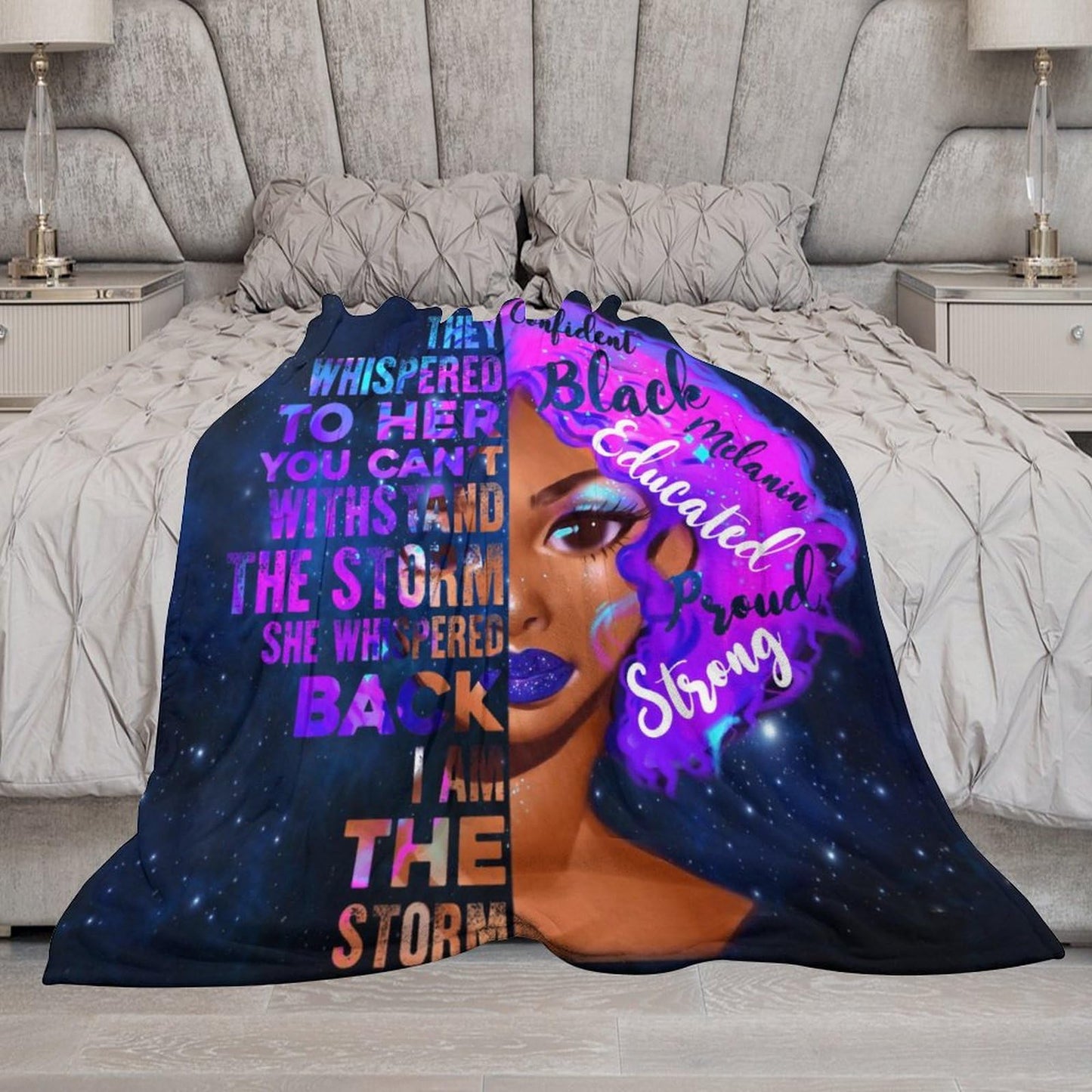 African American Woman Bedding Fleece Throw Blanket, Beautiful Purple Hair Black Grils Inspirational Quotes All Season Flannel Soft Warm Microplush Lightweight Thermal for Sofa Bed Bedroom 40"x50"
