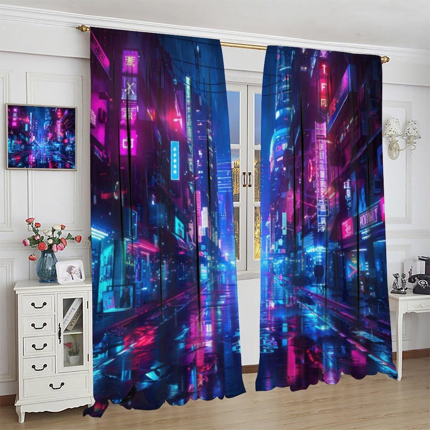 VUMIVI Cyberpunk Cityscape Curtains Neon Futuristic Urban Landscape Window Treatments for Gaming Room Sci-Fi Bedroom Tech Expo 42" W X 44.5" L