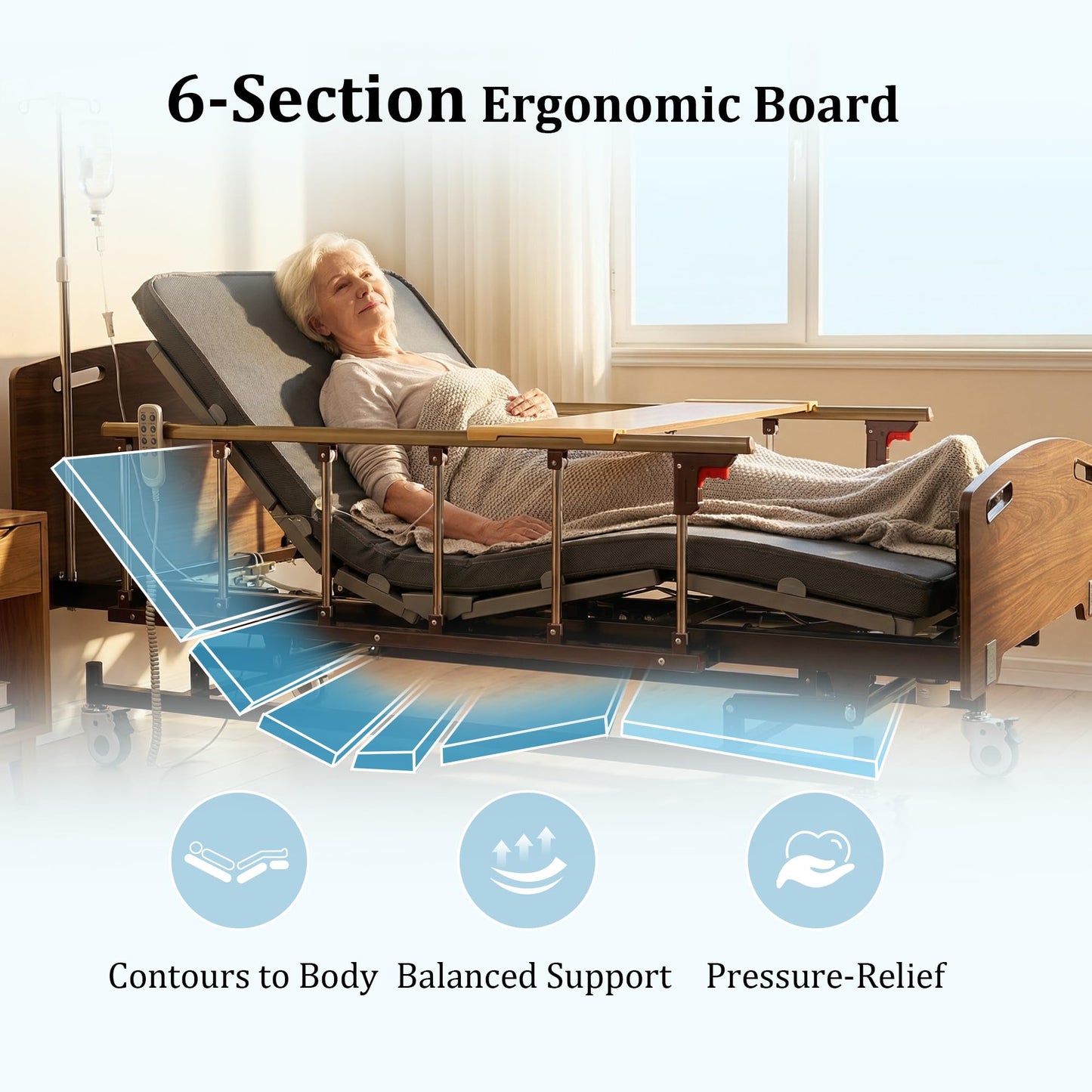 OxtraCare Zygenair Hospital Bed 6-Section ABS Ergonomic Design, 3 Function Adjustable Medical Homecare Bed for Home Use, Electric Nursing Bed with Mattress and Remote Control, IV Pole Included