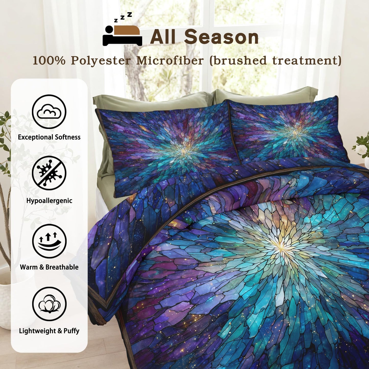 Flumoxa Stained Glass Comforter Full Size, Mandala Psychedelic Floral Comforter Down Alternative All Season Bedding, Stained Glass Bed Set Full with Pillowcase, Bedroom Decor
