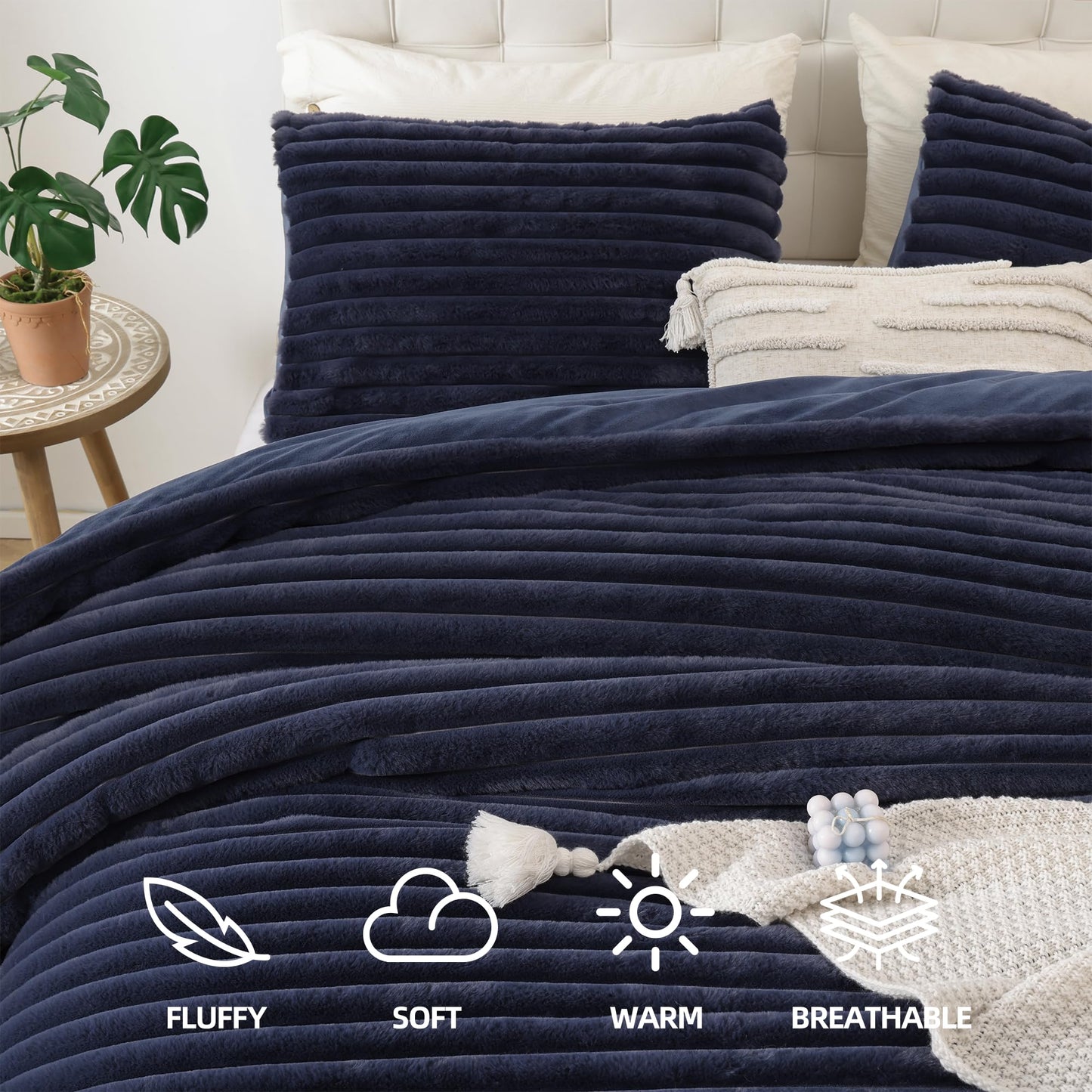 Smoofy Fluffy King Size Comforter Set 3 Pieces - Navy Blue Fleece Fluffy Comforter Set, Luxury Fuzzy King Bedding Set, Soft King Bed Set All Season, Heavy Faux Fur Comforter with 2 Pillow Cases