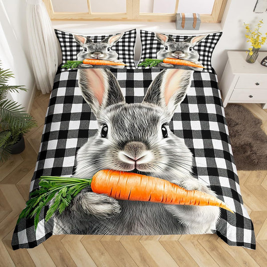 Rabbit Duvet Cover Black and White Lattice Buffalo Checkered Grid Bedding Set Easter Decorations for The Home,Cute Animal Plaid Comforter Cover Queen,Kawaii Room Decor Easter Gifts for Kids