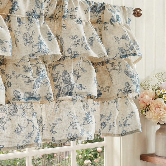 jinchan Amlie Ruffled Floral Valance Curtain Shabby Chic Linen Kitchen Valance Farmhouse Cottagecore Window Treatment for Bedroom Living Room Rod Pocket 1 Panel 18 Inch Blue on Linen