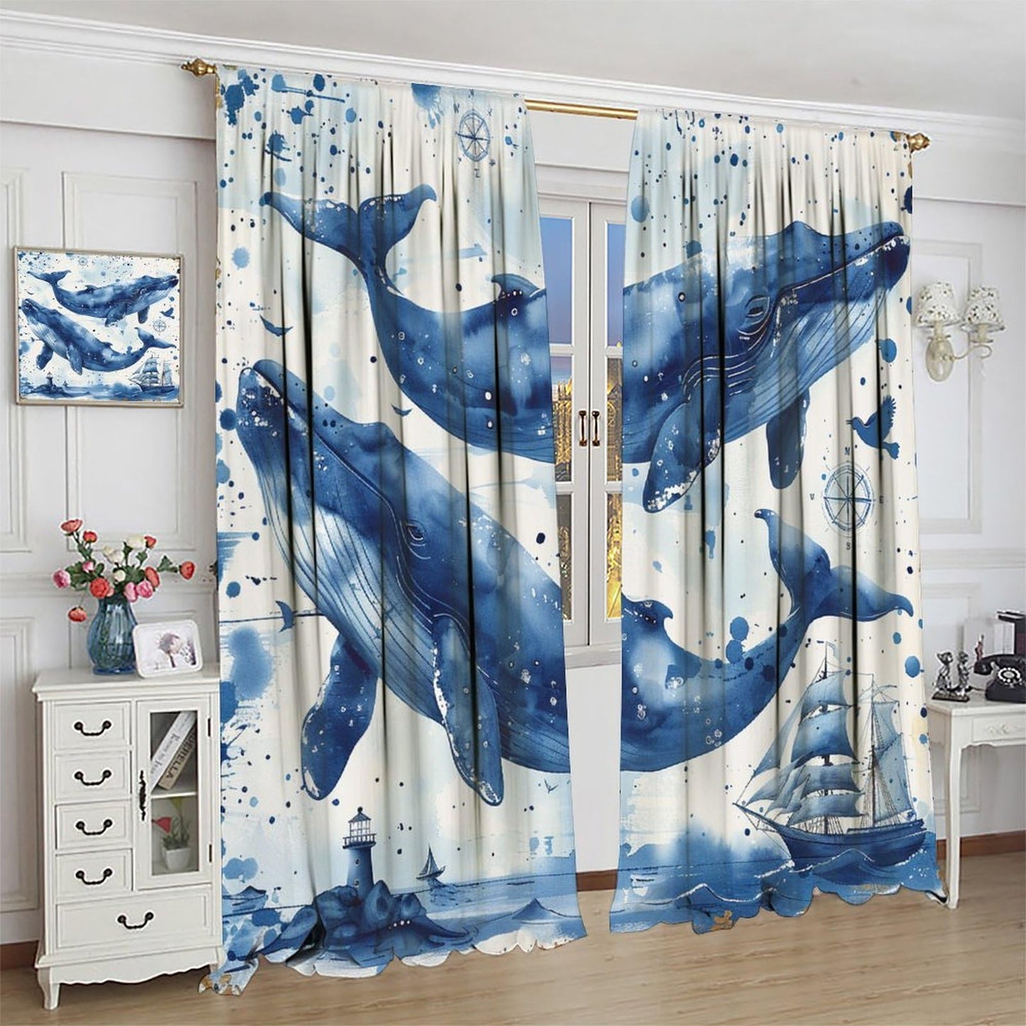 TOWINSFB Nautical Sailboat Whale Blackout Curtains, Retro Lighthouse Ship Compass Home Decor Rod Pocket Window Drapes for Living Room Bedroom - 2 Panels, Each 21" W x 63" L