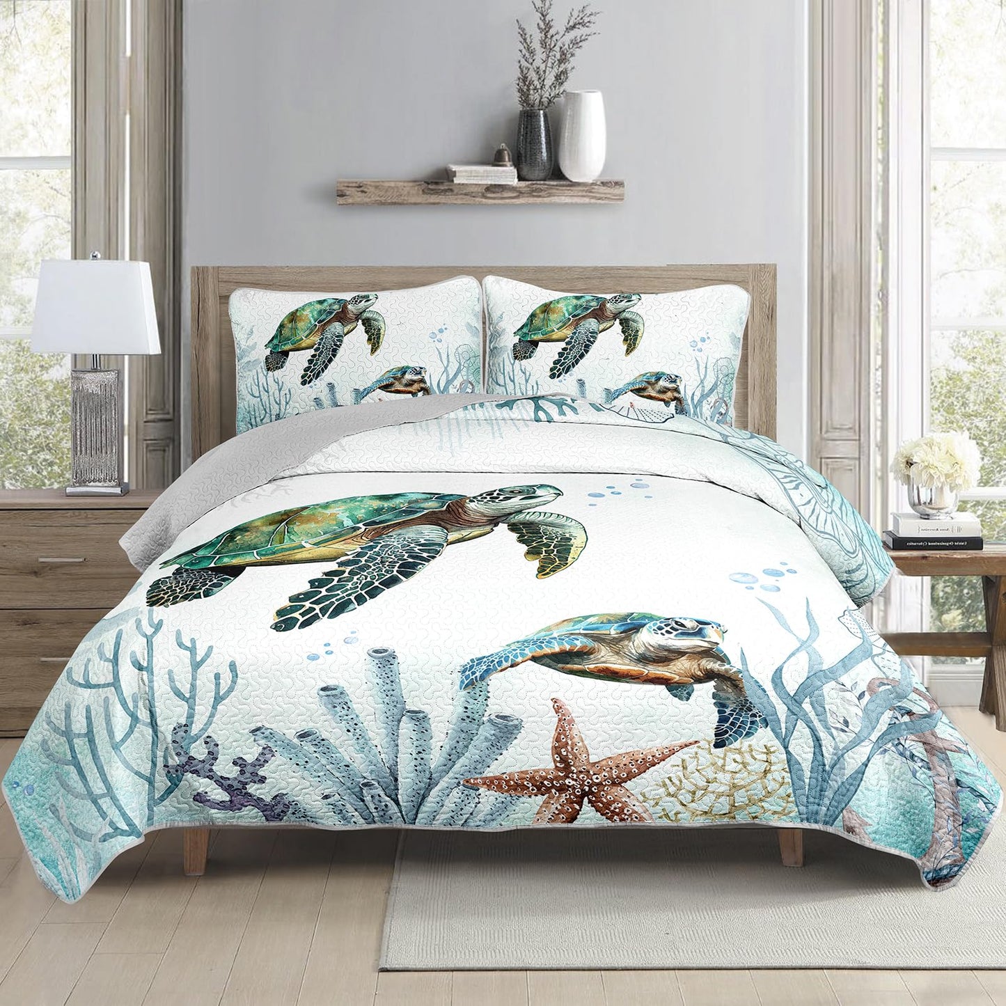 AILONEN Sea Turtle Bedding Quilt Set King Size,Teal Blue Ocean Beach Coastal Bedspread Coverlet,3 Pieces Soft Lightweight Quilt & 2 Pillowcases