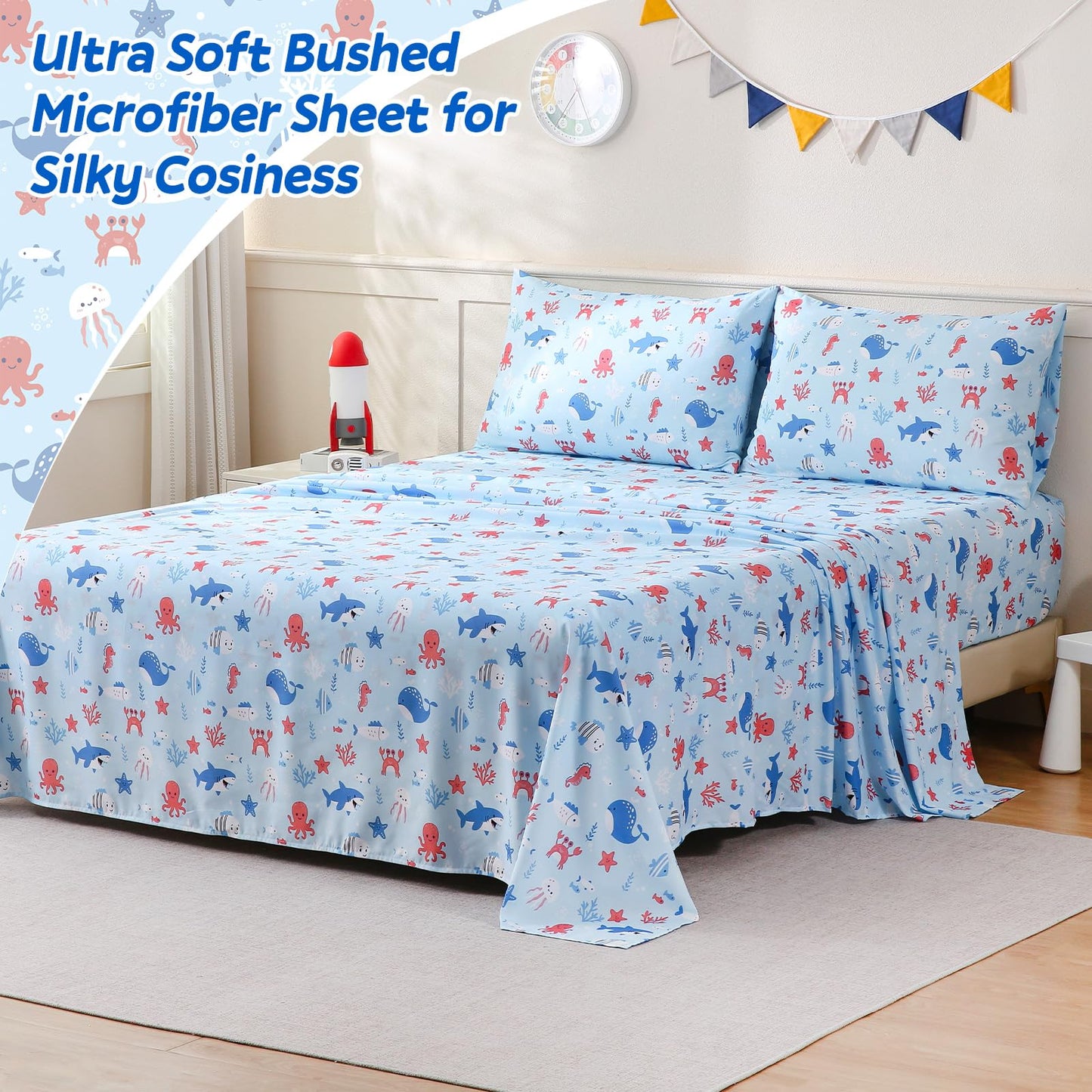 ChicView Queen Sheet Set Kids,4 Pieces Breathable Soft Microfiber Bedsheets for Child Boys Girls, Anti Pilling Deep Pockets Easy Care Bed Sheets, Ocean Animals