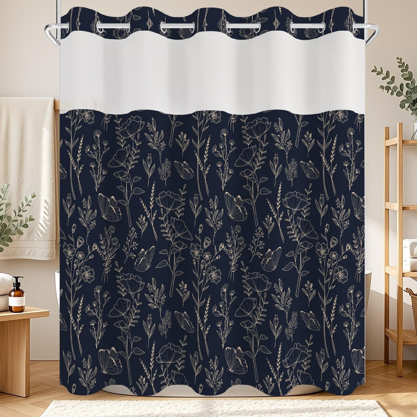 No Hook Shower Curtain with Snap in Liner Set, Dark Boho Navy Gold Forest Botanical Floral Neutral Pretty Waterproof Fabric Shower Curtain for College Dorm Hotel Apartment Bathroom Bathtub, 71x74 Inch