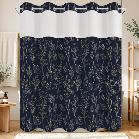 No Hook Shower Curtain with Snap in Liner Set, Dark Boho Navy Gold Forest Botanical Floral Neutral Pretty Waterproof Fabric Shower Curtain for College Dorm Hotel Apartment Bathroom Bathtub, 71x74 Inch