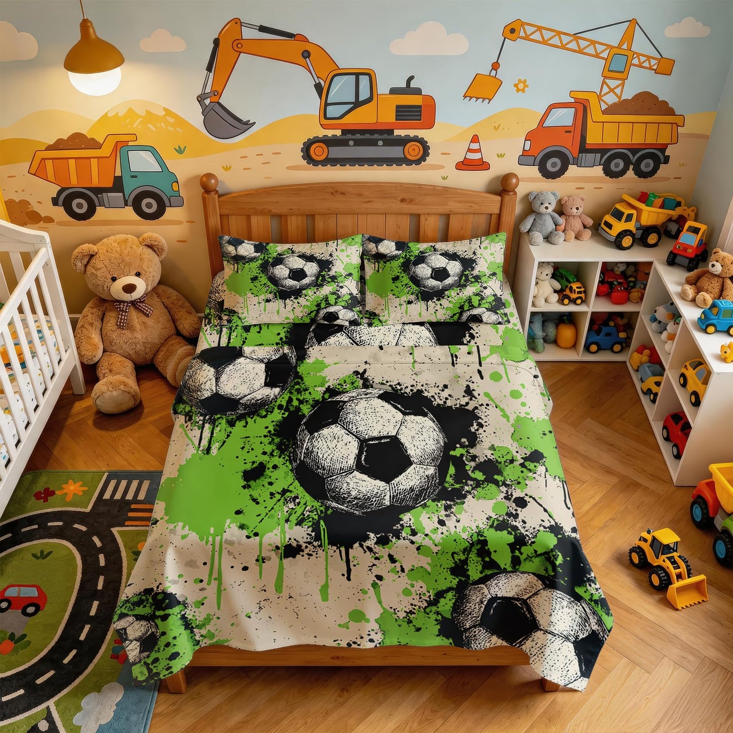 Graffiti Soceer Sheet Set, 4 Pcs Queen Size Boys Bed Sheets, Beige