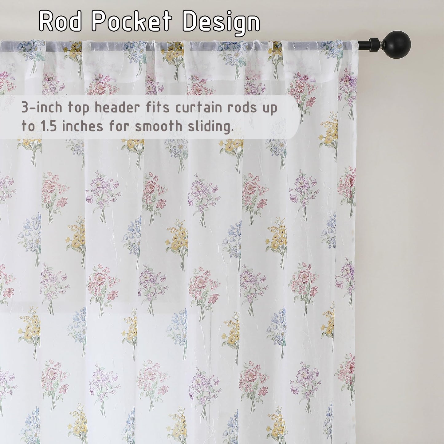 Ebesto Crushed Floral Sheer Curtains 63 Inch Length - Light Filtering Printed Sheer Flower Patterned Curtains for Bedroom, Spring Romantic Rod Pocket Window Drapes, 2 Panels, 42Wx63L Inches, White
