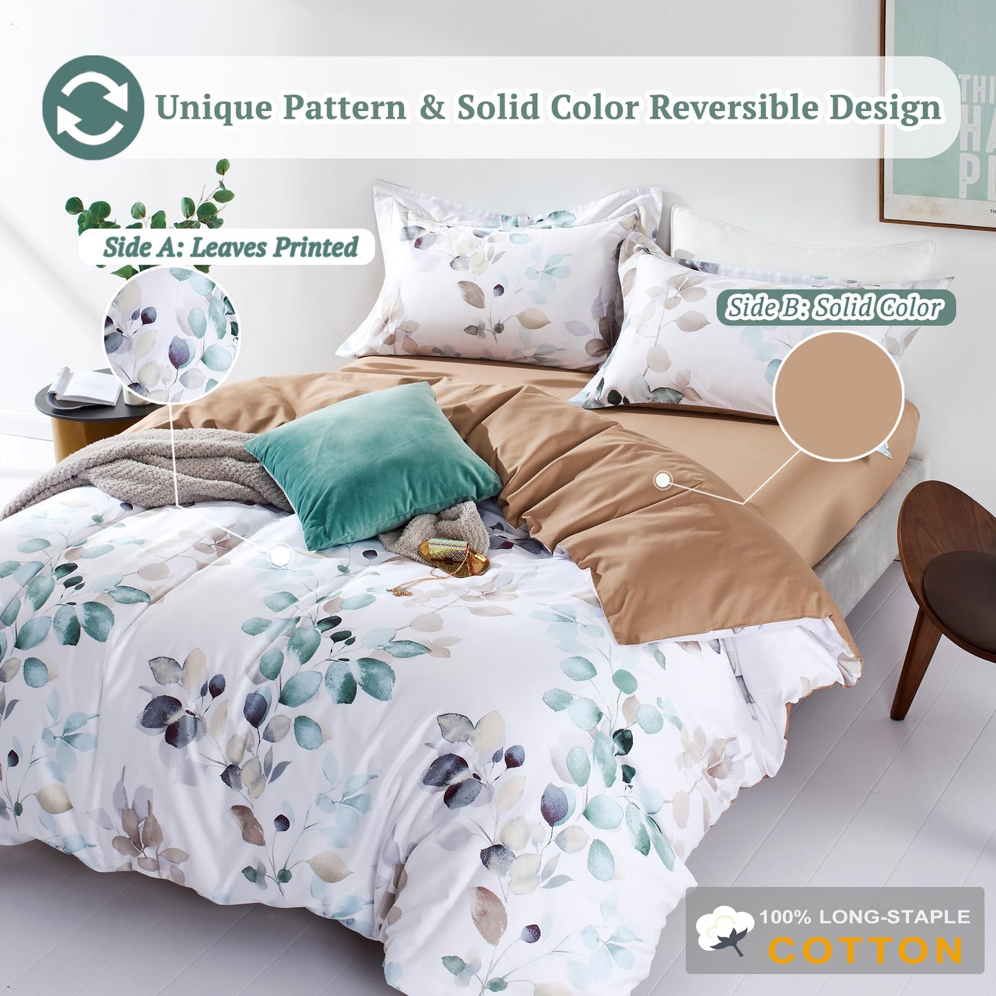 MILDLY Floral Duvet Cover Set - 100% Long-Staple Cotton Green Leaves Pattern Printed Comforter Cover 3pcs Soft Breathable Luxury Lightweigt Bedding for All Season