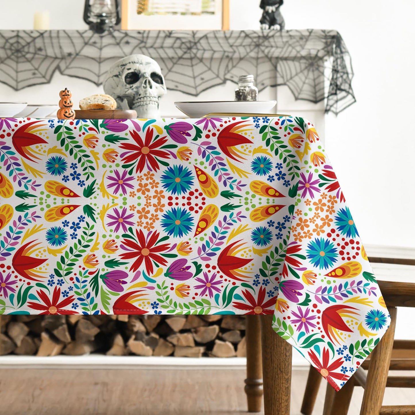 Horaldaily Mexico Tablecloth 60x84 Inch Rectangular, Halloween Cinco Dia De Los Muertos Design White Seasonal Table Cover for Party Picnic Dinner Decor
