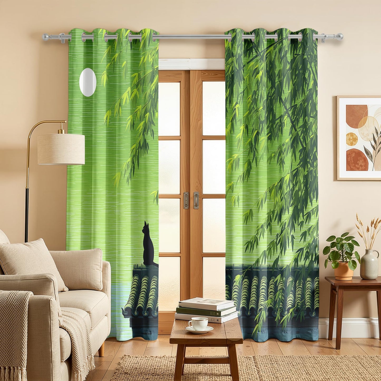 Mistwalk Black Cat Silhouette Blackout Curtains 63 Inches Long, Patterned Curtains for Bedroom & Living Room, Room Darkening Thermal Insulated Grommet Drapes, Japanese Bamboo Forest Window Treatments
