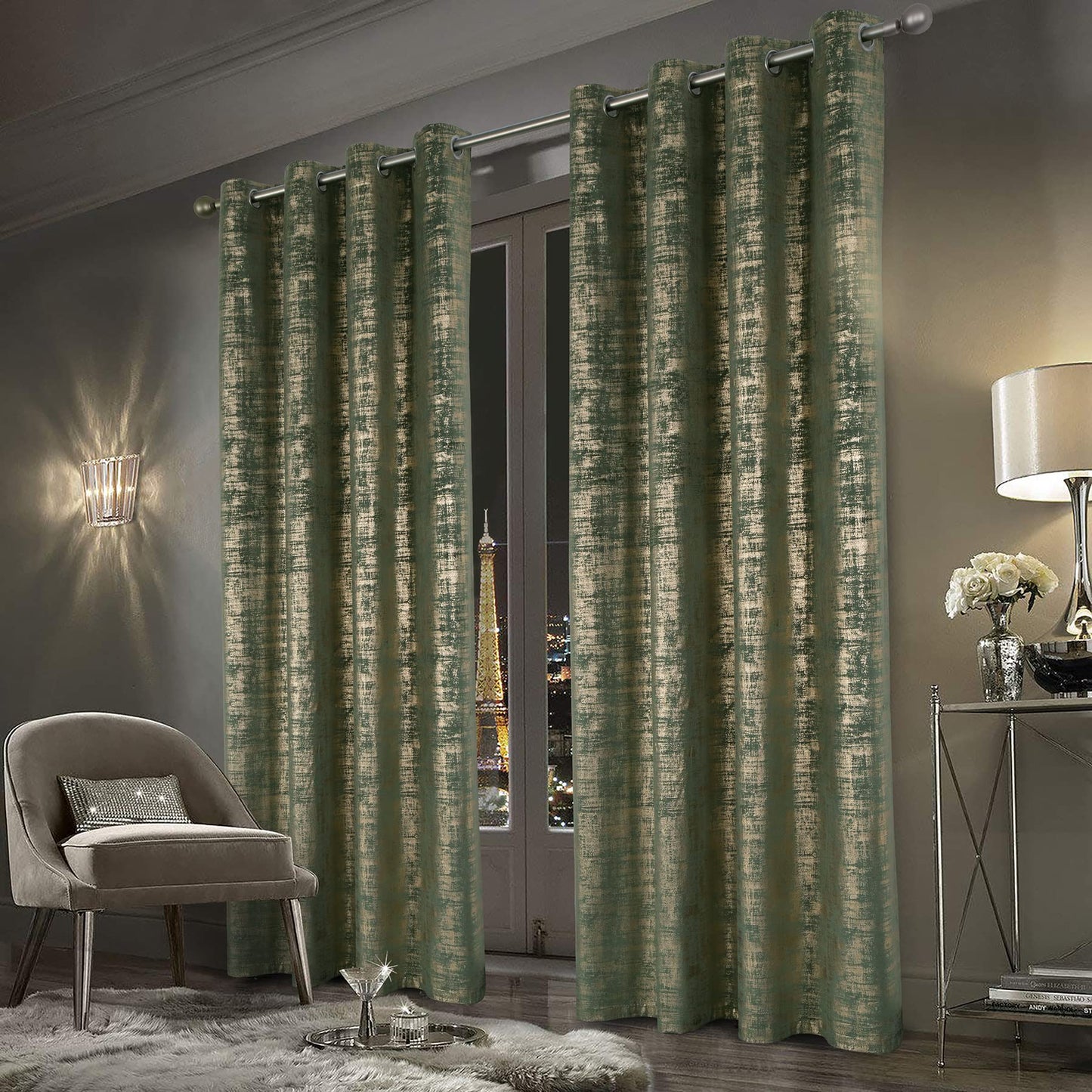 always4u 100% Blackout Soft Velvet Curtains for Bedroom Living Room Thermal Energy Saving 95 Inches Long Luxury Gold Foil Print Drapes 2 Panels Sage Green