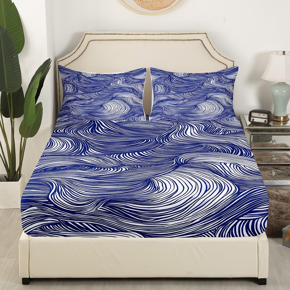 Feelyou Navy Blue Stripes Bed Sheets Set Geometric Sheet Set for Kids Boys Girls Teens Zebra Room Decor Abstract Art Sheets with Deep Pocket Fitted Sheet Queen Size Modern Striped Art Bedding Set 4Pcs