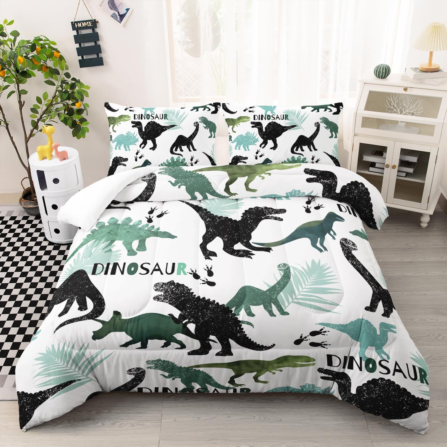 AILONEN Dinosaur Twin Kids Bedding Set,Black and Green Dinosaur Comforter Set All Season,Tropic Leaves and Roaring Dinosaur Silhouette Printed Soft Comforter with 2 Pillowcases for Boys