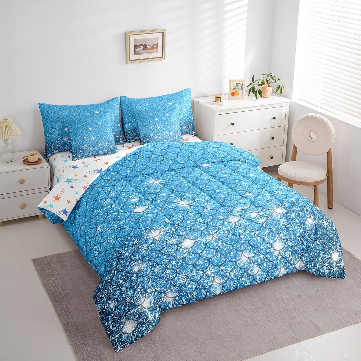 jejeloiu Blue Mermaid Scales Comforter Set with Sheets Queen Size Kids Glitter Fish Scales 7 Pieces Bedding Set for Boys Girls Teens Ocean Marine Themed Bed in a Bag Breathable Bedroom Decor