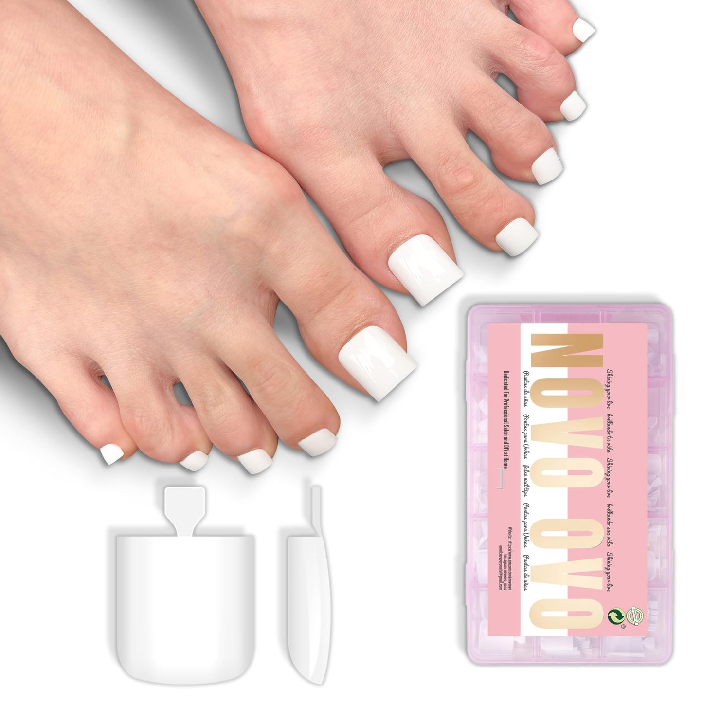 NOVO OVO White Square Toe Nail Tips - 240Pcs Soft Gel Press on Toenails, White Full Cover Fake Nails for Pedicure, PMMA Acrylic False Toe Nails Extension Kit (15 Sizes, Wide Fit)