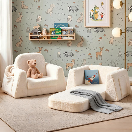 BanaSuper Wide Kids Sofa, Convertible Foam Couch for Children 3-8, Cream