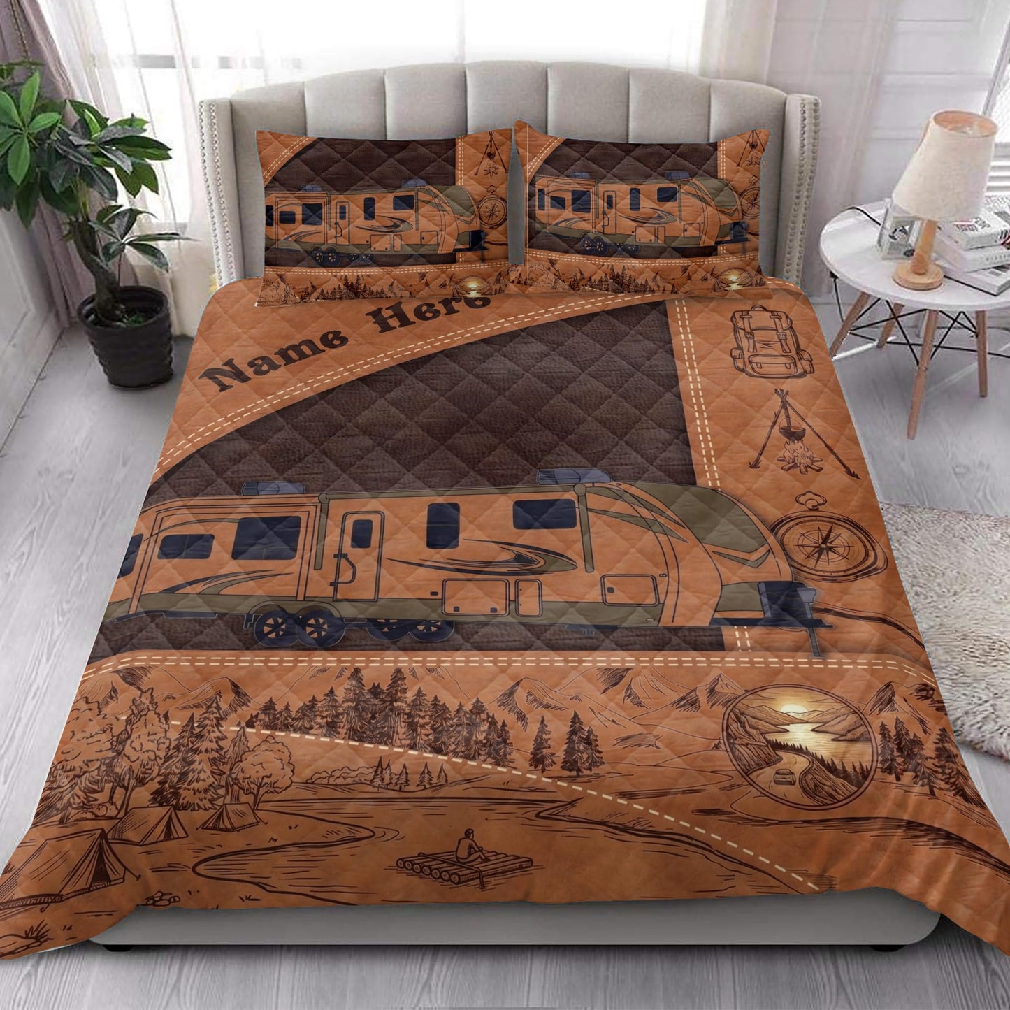 OhaPrints Custom Camping Lover Camper Travel Trailer Brown Personalized Name Quilt Blanket & Pillowcases, Quilts Bedding Set & Pillow Cover, King Queen Double Twin Throw Full Size Bedspread Bed Sets